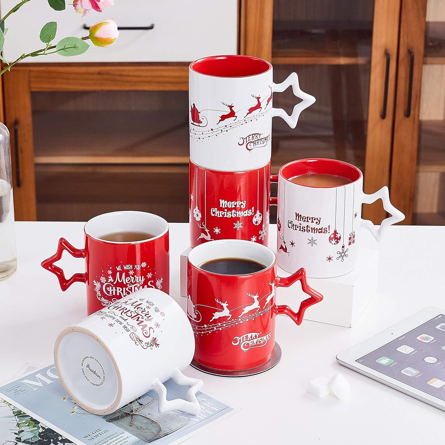 Red & White Christmas Coffee Mugs with Star Handle Set of 6 | Large-Sized Christmas Mugs 14 Ounce New Year Holidays Novelty Christmas Cups - Decorative DIY Christmas Cute Mugs for Hot or Cold