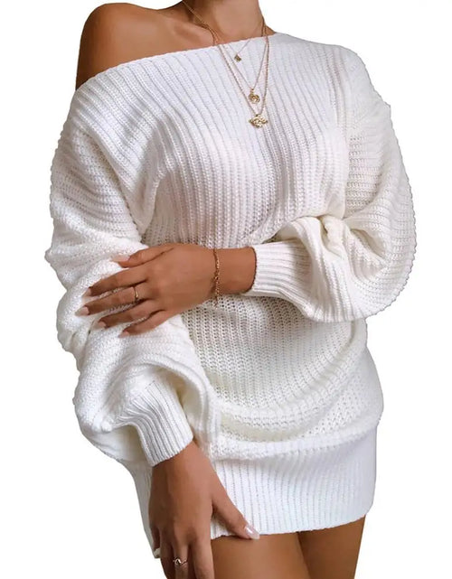 Load image into Gallery viewer, Womens Dresses Spring Fashion Cold Shoulder Lantern Sleeve Casual Plain Long Sleeve Daily Mini Knit Sweater Dress Woman Clothing
