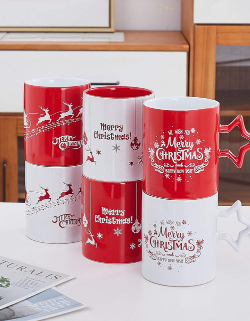 Load image into Gallery viewer, Red &amp; White Christmas Coffee Mugs with Star Handle Set of 6 | Large-Sized Christmas Mugs 14 Ounce New Year Holidays Novelty Christmas Cups - Decorative DIY Christmas Cute Mugs for Hot or Cold
